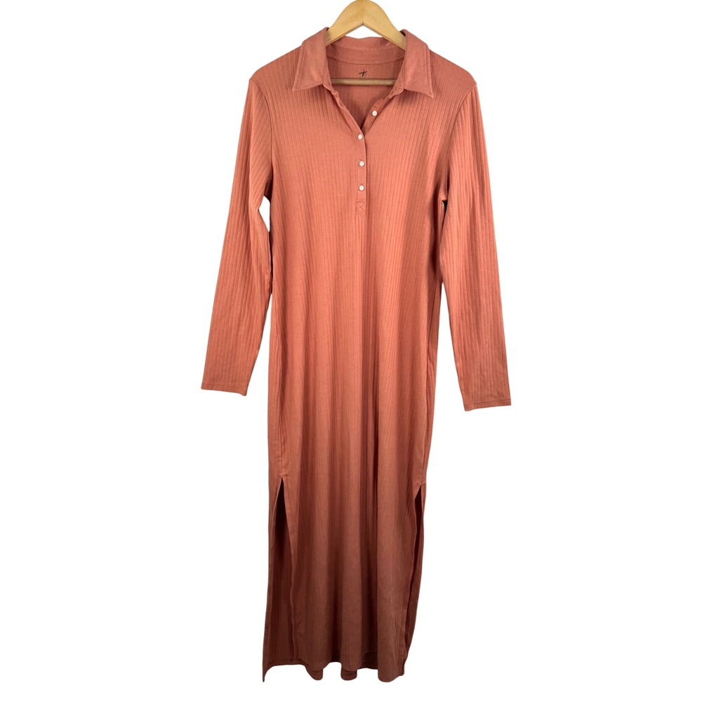 Aerie Ribbed Knit Collared Long Sleeve Maxi Dress Peach boho lounge 90s sz XL‎
